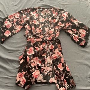 Secret Treasures Black Satin Robe with Pink Rose Print